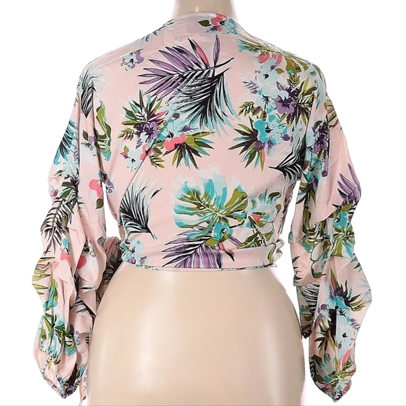 Fun & Flirt Floral Palm leaf Tropical print wrap long sleeve Blouse top size XL - Picture 2 of 3